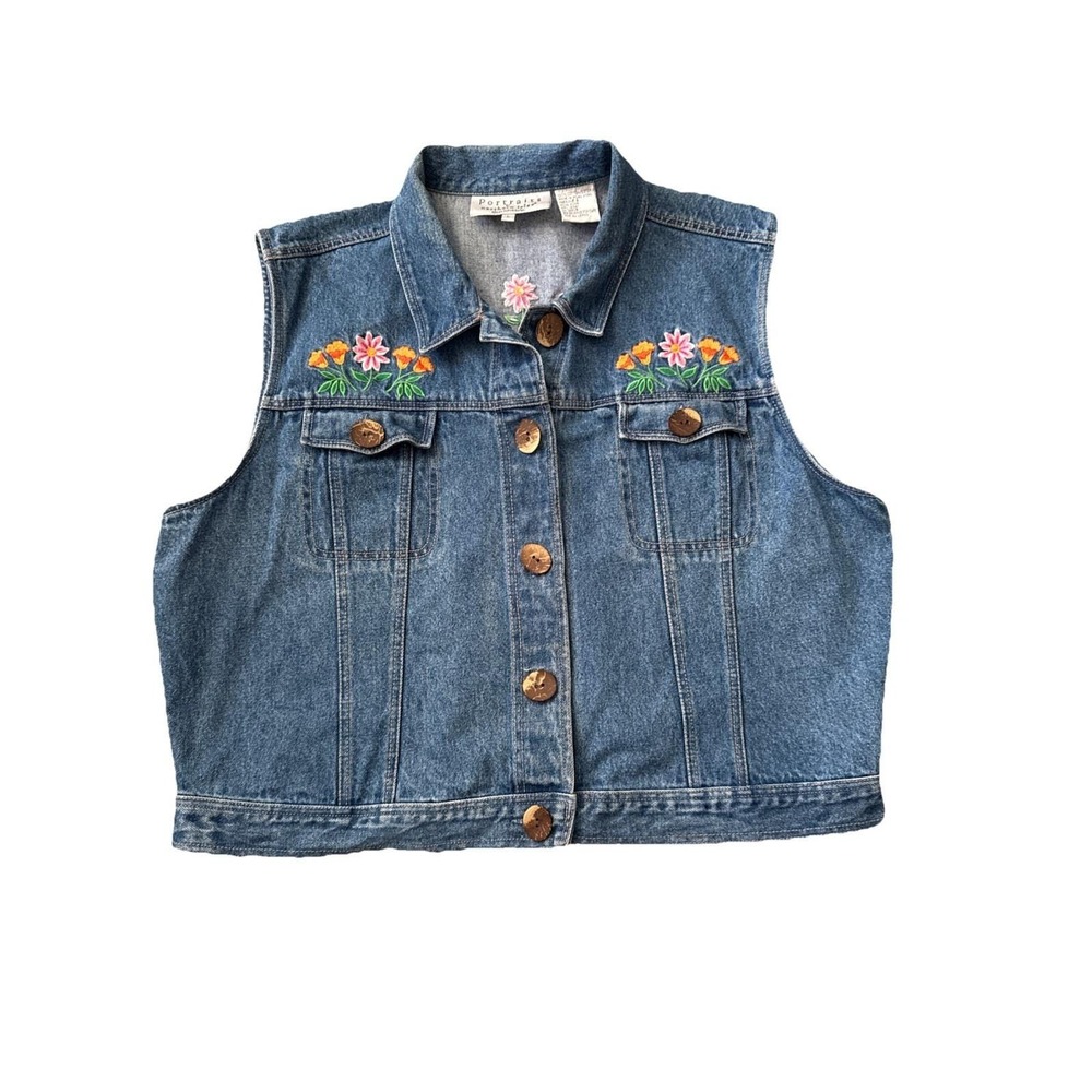 Portraits by Northern Isles Denim Vest‎ 90s Vintage Floral Embroidery